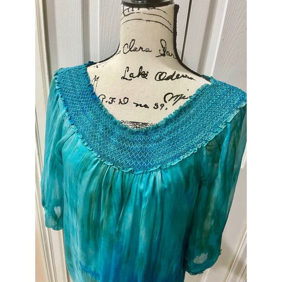 ALICE+OLIVIA BLOUSE OVERSIZED TEAL TIE DYE OFF SHOULDER BOHO CHIC HIPPIE Sz XS - Picture 8 of 13